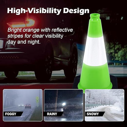 4 Pack 18 Inch Green PVC Traffic Cones Black Base Stable Durable, Parking Lot Driveway School Training Safety Cones Multi-Purpose (4, Green, 18 Inch)