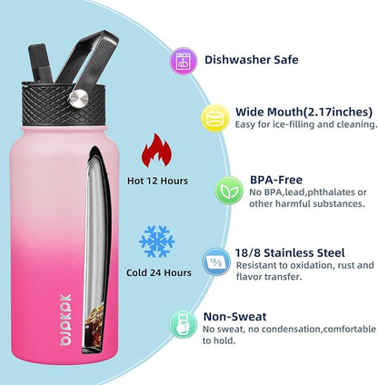 BJPKPK 2 Pack Insulated Water Bottles with Straw Lids, 27oz Stainless Steel Metal Water Bottle with 6 Lids, Leak Proof BPA Free Jugs, Cups, Flasks for Travel, Sports (Cherry+Black)