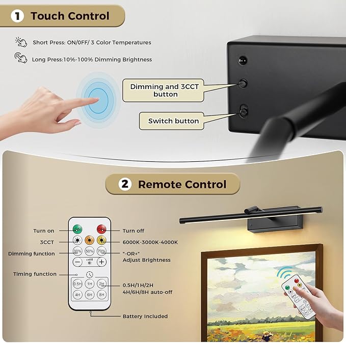 JOOSENLUX Battery Operated Picture Light Black 16-inch Wireless Art Display Light 3CCT Dimmable with Adjustable Arm Wall Light for Artwork Display Photo Showcases Canvases and Oil Paintings