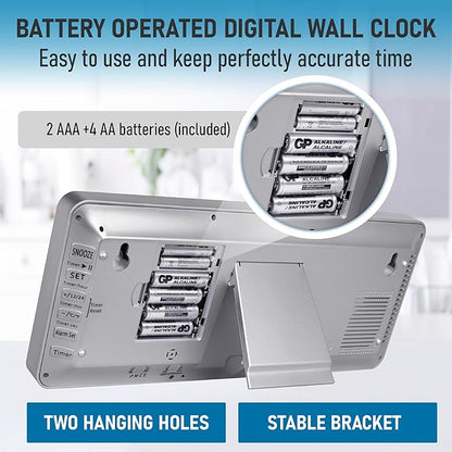 TXL Silver Large Digital Wall Clock with Backlight, 14.2" Battery Operated Alarm Clock with Day, Date & Temperature, Large Wall Clock for Classroom,Bedroom, Livingroom, Office，（Battery Included）