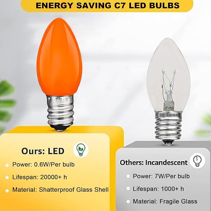 C7 Orange LED Light Bulbs, 25-Pack E12 Base, Halloween & Outdoor String Lights, Waterproof, Energy-Efficient Night Light Bulbs, Replacement Bulbs for Porch, Patio, Yard & Holiday Decor