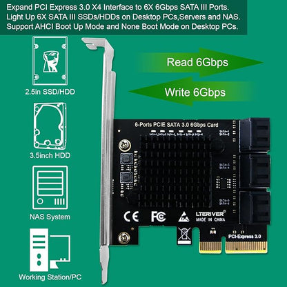 PCIE 3.0 X4 to 6-Ports Serial ATA/SATA 3.0 Host Controller, Plug and Play on Windows OS, MAC OS, and Linux Kernel Systems-6X 6Gbps Max SATA 3.0 None Raid Ports-Support AHCI Boot Up (PCE-G3S6)