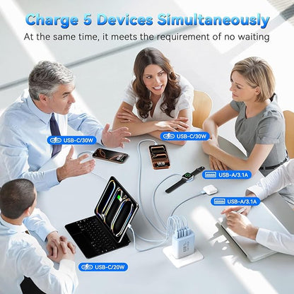 USB C Fast Charger Block, 60W 5-Port USB C Wall Charging Blocks, Type C Chargers Fast Charging Brick, 3USB C+2USB A PD&QC3.0 Multiport Charger Plug for Phone 17/16/15/14/13 ProMax, White+Blue Gradient