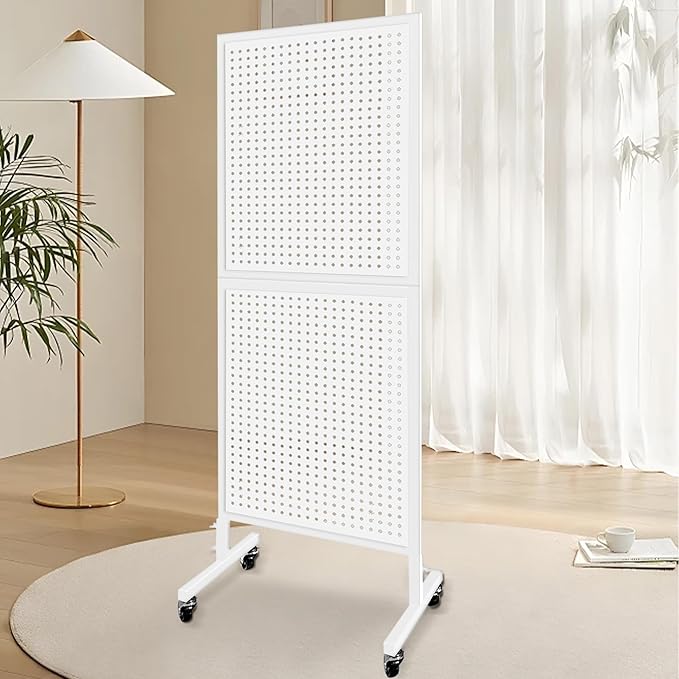 Royxen Standing Pegboard Display 2 x 5 Feet, Metal Pegboard with 30 Hooks, Peg Board Display Stand with Wheels for Vendors, Home and Retail Store (White)