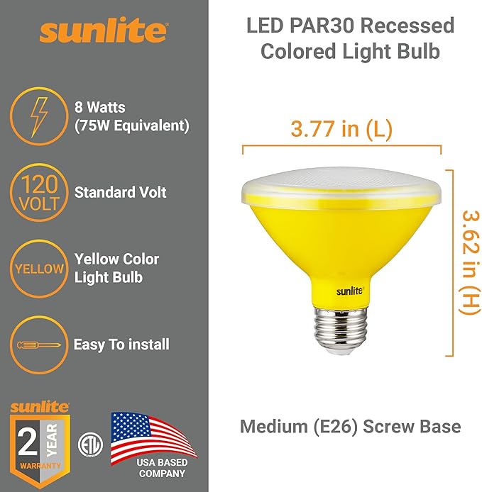 Sunlite 40238 LED PAR30 Short Neck Colored Recessed Bug Light Bulb, 8 watt (75w Equivalent), Medium (E26) Base, Floodlight, ETL Listed, Yellow, 3 Count