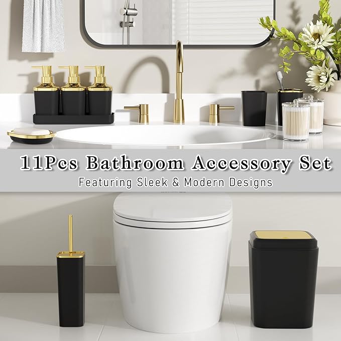Bathroom Accessory Set, 11PC Bathroom Set, Black Bathroom Accessories, Bathroom Accessories Set with Trash Can, 3PC Soap Dispensers and Toilet Brush