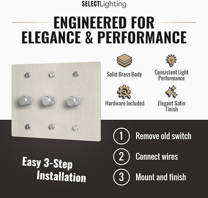 Select Vintage Brass Dimmer Light Switch, 1 Way Rotary Dimmer, 3 Gang TRIAC/Leading Edge Dimmable LED Light Switch, 15A 120V AC with Brass Knob, Faceplate & Dimming Module, UL Listed