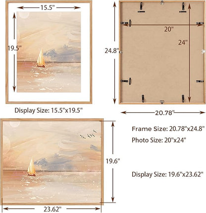 Rustic Oak Wooden Picture Frame, 20x24 with Tempered Glass, Matted to 16x20 (Natural Oak, 1 Pack)