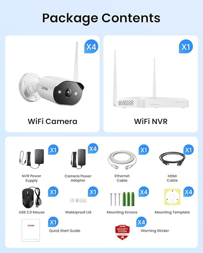 ZOSI 2K Wi-Fi 6 Security Camera System,4pcs 3MP Plug-in Metal WiFi Cameras Indoor Outdoor,AI Person Detection,Color Night Vision,2 Way Audio,8CH 4K NVR with 64GB Memory Card for Motion Recording