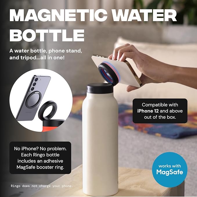 Ringo Insulated Water Bottle | Compatible MagSafe With Phone Holder | Stainless Steel Water Bottle With Magnetic Phone Tripod Mount | Hot for 12H, Cold for 24H, 360° Rotate - Ivory 24oz