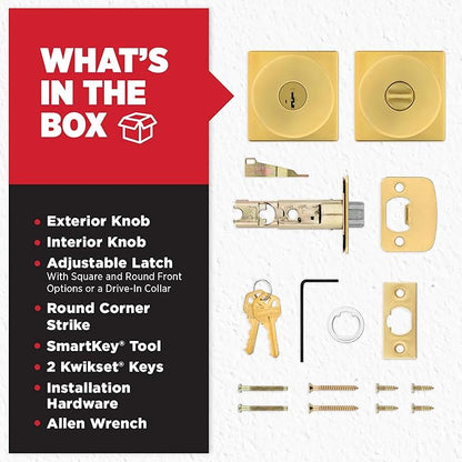 Kwikset Pismo Entry Door Knob with Lock and Key, Secure Keyed Handle Exterior Doorknob, Front Entrance and Bedroom, Satin Brass, Square, Pick Resistant SmartKey Rekey Security, Microban Protection