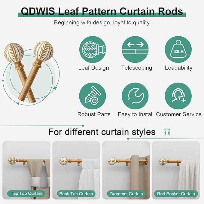 Boho Wood Curtain Rods for Windows 28 to 48 inch,1" Adjustable Heavy Duty Window Curtain Rod with Imitation Wood Grain Finials,Rustic Decorative Drapery Rods Set,Size:18-60'',Maple Wood