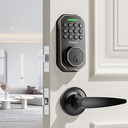 Keyless Entry Door Lock Set Smart Locks for Front Keypad Door Lock with Handle Automatic Lock One Time Password Anti Peeping Password IP54, Bronze