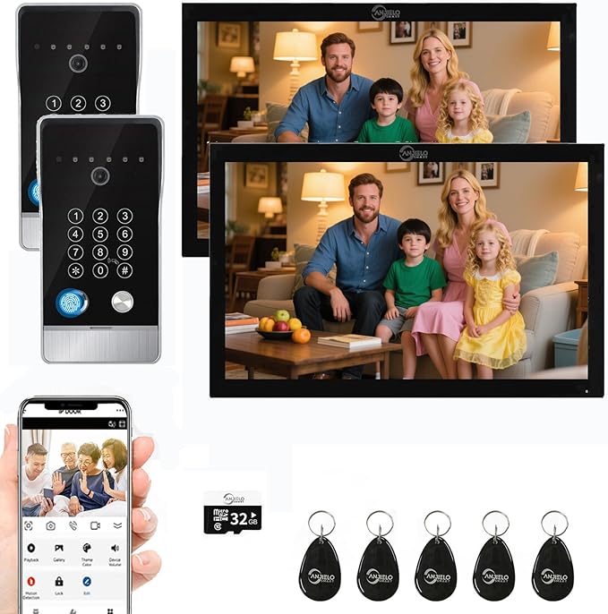 Wired Video Door Phone Apartment Intercom System,10 Inch Touch Monitor with 1080P doorbell,Support Fingerprints, RFID Cards,Passwords,Unlock Motion Detection for Home (2 Doorbell + 2 Monitor)