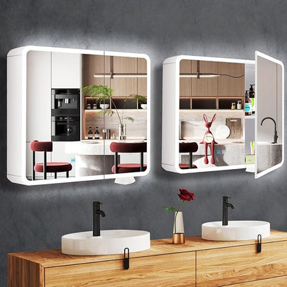 28 x 32 Inch White Medicine Cabinet LED Mirror with Lights 3 Color Dimmable Anti-Fog 2 Door 32 Inch Bathroom Lighted Medicine Cabinet with Mirror and Lights Storage for Bathroom Wall