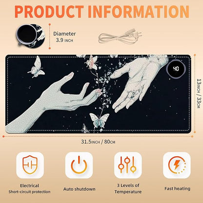 Heated Mouse Pad 31.5x13 in 3-Temp Fast Heating Desk Mat with Auto Timer Warmer for Hands Wrist Pain Relief Waterproof Keyboard Mat for Office, Gaming, Home, Butterfly Hands Art