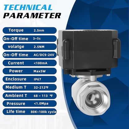 1" Motorized Ball Valve - 9-24V AC/DC Electric Water Valve 2 Wire Auto Return,with Full Port,Stainless Steel