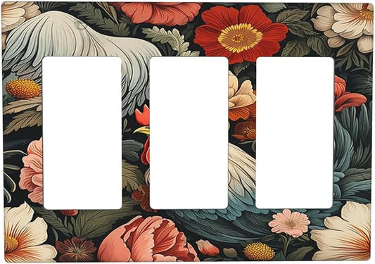 Light Switch Covers Rooster Flowers Red White Chicken Floral 3 Gang Rocker Electrical GFCI Decorative Triple Outlet Wall Plate Cover Switchplate for living Room Farmhouse Decor
