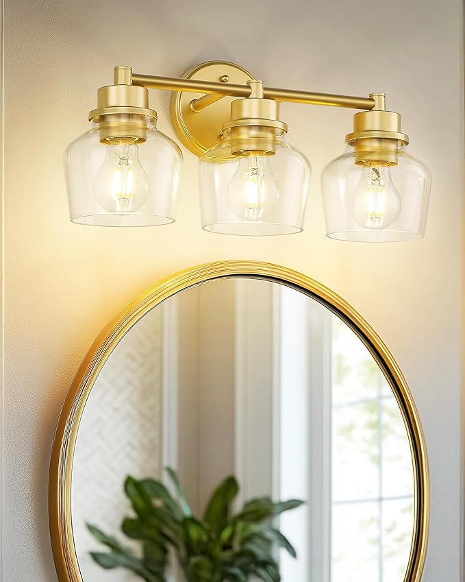 Emak Modern Gold Vanity Lights, Bathroom Lighting Fixtures Over Mirror with Clear Glass Shade, 3-Light Vanity Light for Bathroom, Mirror, Makeup Desk, VL122-GD-CG-3