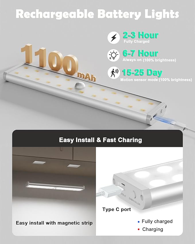 SZOKLED Motion Sensor Under Cabinet Lights, 58-LED RGB Closet Lights Wireless, 1100mAh Rechargeable Under Cabinet Lighting Dimmable Night Lights for Kitchen,Bedroom,Wardrobe,Hallway,Stairs (2 Pcs)