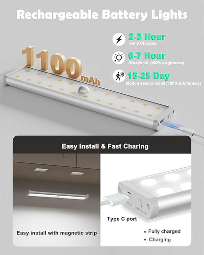 SZOKLED Motion Sensor Under Cabinet Lights, 58-LED RGB Closet Lights Wireless, 1100mAh Rechargeable Under Cabinet Lighting Dimmable Night Lights for Kitchen,Bedroom,Wardrobe,Hallway,Stairs (2 Pcs)