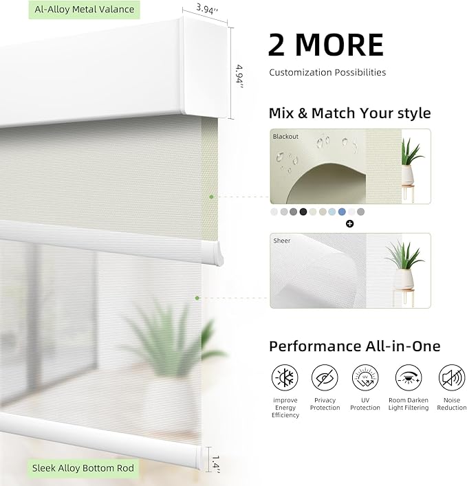 ZSTARR Motorized Day and Night Dual Smart Blind for Window with Valance Rechargeable Motor,Blackout Roller Shade Custom Size,with Valance Suitable for Home,Office (Full Blackout Beige Yellow)