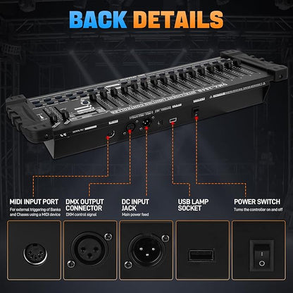 DMX 384 Channel Lighting Controller with DMX512 Protocol Compatible with Moving Head Light, DMX Operator Console with MIDI Control for DJs, Stage, Party, Club, Theater Lighting