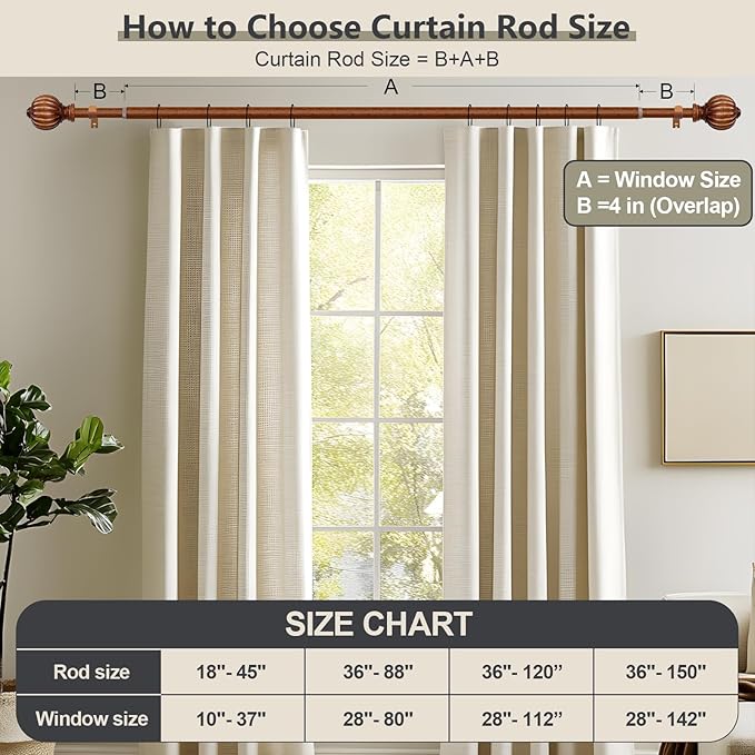 2 Pack Dark Brown Wood Curtain Rods for Windows 28 to 48 Inch, 1'' Adjustable Heavy Duty Curtain Rod，Vintage Imitation Wood Decorative Drapery Rods with Pumpkin Finials for Bedroom Living Room