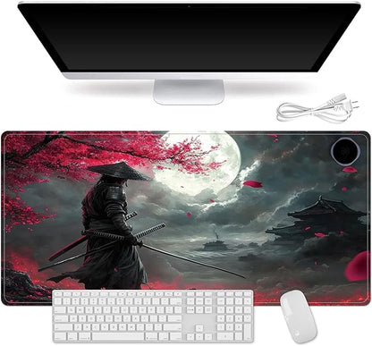 Small Heated Desk Pad 23.6" x 14.2" – Compact Electric Mouse Pad with 3 Heating Levels, Auto Shut-Off, Waterproof PU Surface, Plug-in Warmer for Office or Home Use, Samurai
