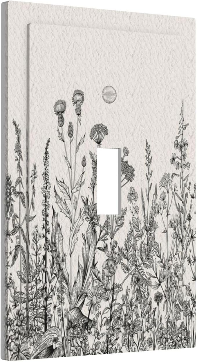 Decorative Light Switch Cover Black and Beige Garden Plants Flowers Single Toggle Personalized Wall Plate Switchplate 1 Gang Switchcover Decora Light Switch Plate for Home Office Decor