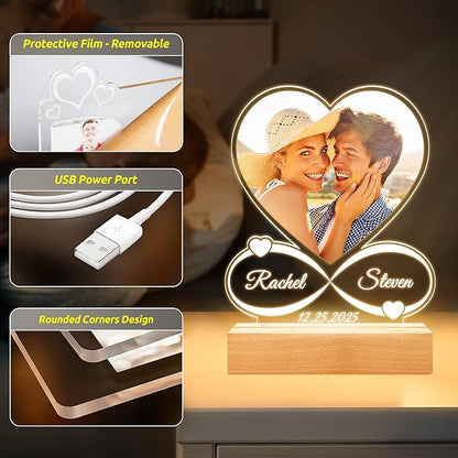 Custom Picture Frames with Photo, Custom Photo Frame with Night Light, Personalized Picture Frame, Personalized Anniversary Valentines Day Gifts for Women Men Him Her Girlfriend Boyfriend Couple Wife