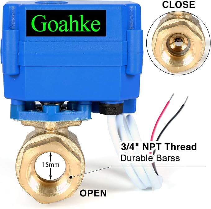 Motorized Ball Valve 3/4", Standard Port, Electric Brass Ball Valve, 9-24V AC/DC, 2 Wire Auto Return, Electric Shut Off Ball Valves