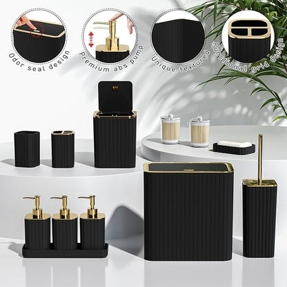 Bathroom Accessory Set - Bathroom Set, 27PC Bathroom Accessories Set, Black Bathroom Sets with Shower Curtain and Rugs, Mini Trash Can, Toilet Brush, Trash Can & Soap Dispenser