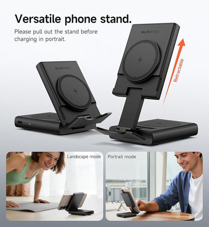 SURITCH for Samsung 3-in-1 Wireless Charging Station, 15W Ultra-Compact Chargers Foldable Charging Dock Stand for Galaxy S25 S24 S23 S22 S21 Z Fold/Z Flip, Galaxy Watch 8/7/6/5/4/3, Galaxy Buds, Black