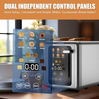 2 Slice Toaster,Touchscreen & Dual Independent Control Panel,5 Basic Functions & Digital Countdown Toasters,6 Shade Settings＆6 Bread Types,Smart Bread Maker Mute/Screen-Off,Titanium