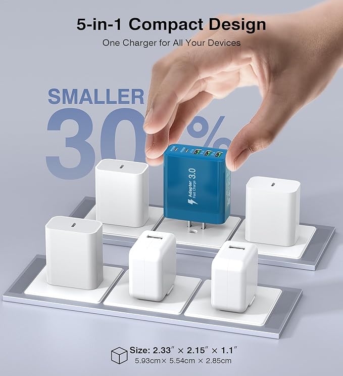[2-Pack] USB C Wall Charger, 60W Fast USB C Charger Block, 5-Port PD Power Adapter + QC Wall Plug Multiport Type C Charging Block Cube Compatible with iPhone 17 16 15 14 13 12 Pro Max XR XS, Blue