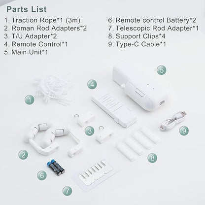 Automatic Curtain Opener Electric: Smart Remote Control Closer｜Long-Lasting Battery/Type-C｜No Drill for 8-40mm Roman Rods/T-Tracks & U-Rails｜Quiet Motor Robot for Bedroom/living room
