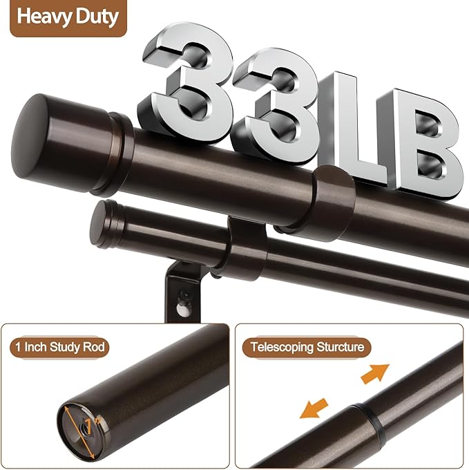 Double Curtain Rod 32 to 86 Inch, HOTOZON 1 Inch Heavy Duty Curtain Rods for Windows, Telescoping Double Drapery Rod with Simple Cap Finials, Bronze