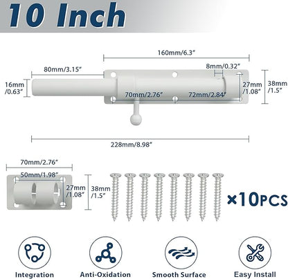 Alise 10 inch Barrel Bolt Latch,Slide Bolt Latch,Heavy Duty Solid SUS304 Stainless Steel Slide Lock for Wooden Fence,Barn Door,Interior or Outdoor Door White MS9200-W