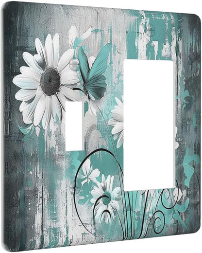 Outlet Covers Teal Daisy Floral Vintage Wood Plank 1 Toggle 1 Rocker Combination Decorative Wall Plate Electrical Switch Plates Light Switch Cover Plate For Farmhouse Cabin Decor