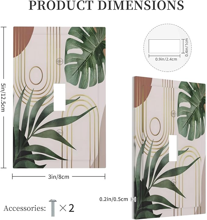 Decorative Light Switch Plate Covers Boho Mid Century Arch Green Leaves 1 Gang Light Switch Cover Plate Single Toggle Wall Plate Outlet Covers Faceplate for Bedroom Decor （ 2 Pack）