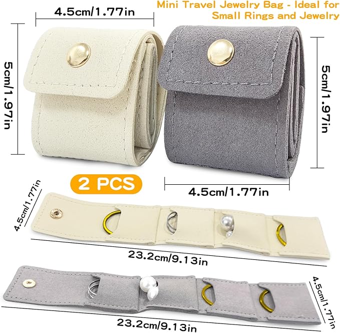 2 PCS Mini Travel Jewelry Bag with Buckle, Portable Foldable Roll Bag for Earrings, Rings, Necklaces and Compact Storage