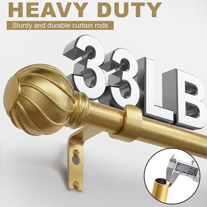 Gold Curtain Rods for Windows 28 to 48 Inch 7/8" Diamete Heavy Duty Adjustable Window Curtain Rod with Decorative Finials for Farmhouse Bedroom Living Room Kitchen Outdoor