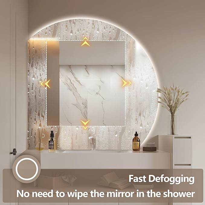 Niccy 40" Semicircular Wall Mounted Frameless LED Mirror, Modern Half Moon Design, Anti-Fog, Shatter-Proof, 3 Color Temperatures, Dimmable Light, Bathroom & Bedroom Use