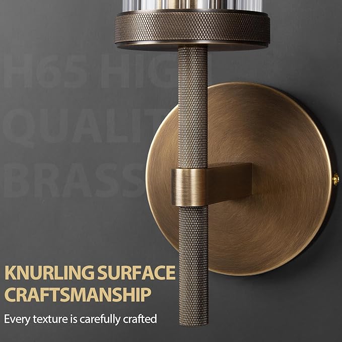19.5" Knurled Brass Wall Sconces Set of 2, Bronze Bathroom Vanity Light Fixtures with Vertical Striped Glass Tube, Modern Lamp Lighting for Bedroom, Living Room, Hallway, Staircase, Mirror, Kitchen