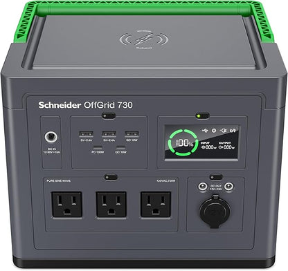 Schneider OffGrid 738Wh Portable Power Station, PPS730 Portable Solar Generator with Wireless Charging Pad, for Camping or Home