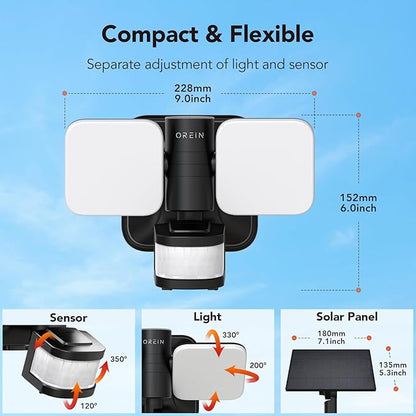 OREiN Wired and Solar Hybrid LED Smart Motion Sensor Light Outdoor Flood Lights with RGB Uplight Bluetooth APP Solar Motion Lights Outdoor Waterproof IP65 for Yard Garage Gate