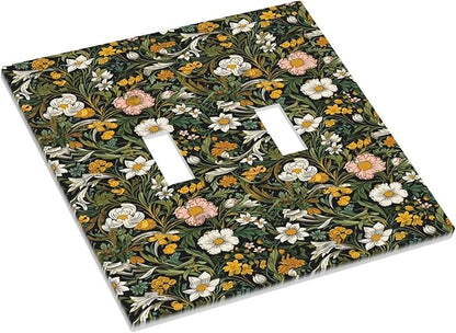 Decorative Light Switch Plate Covers Rustic Green Leaf White Daisy Yellow Floral 2 Gang Light Switch Cover Plate Unique Double Toggle Wall Plate Outlet Covers Faceplate for Bedroom Decor