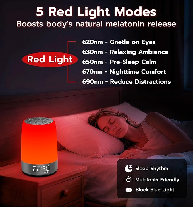 Anweller Smart Red Light Therapy Sleep Device White Noise Sound Machine with 5-Level Red Night Light (620–690nm) 32 White Noise Smart App Control Timer & Wake-Up Alarm Clock