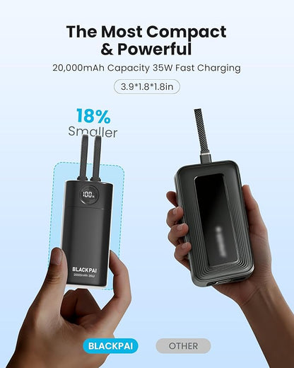 Portable Power Bank 20,000mAh, PD 35W Portable Charger Super Fast Charging with 2 Built-in Cables, USB-C Digital Display Battery Pack for iPhone Air 17/16/15/14/13, Portable Travel Charger